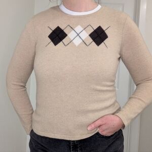 Land's End 100% Cashmere Camel Argyle Crewneck Sweater Womens Size Medium